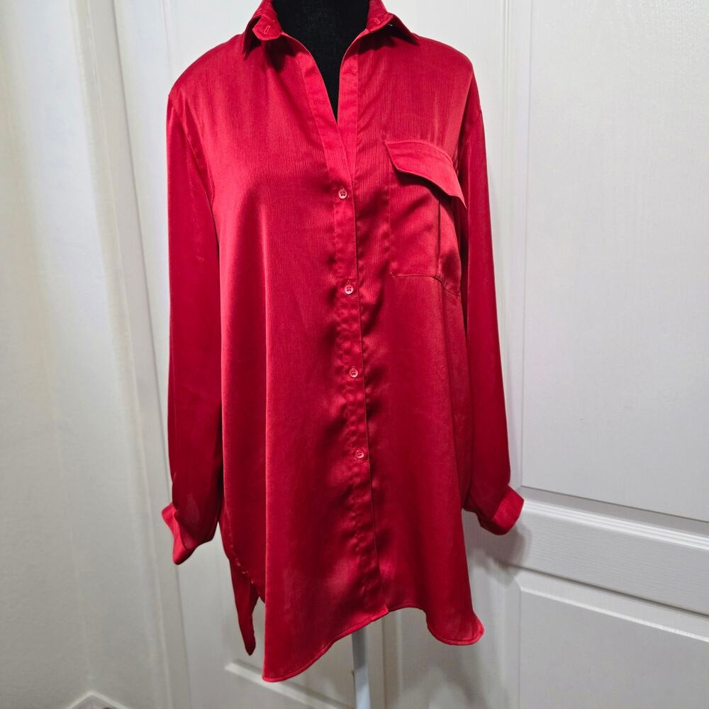 Liz Claiborne Women's Red Long Cuffed Sleeve Button Up High Low Hem Size 8